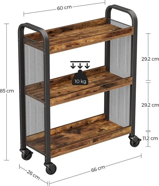 serveerwagen, ruimtebesparende keukentrolley met universele wielen, keukenplank met verstelbare poten, stabiel metalen frame, 66 x 26 x 85 cm, industrieel design, vintage, donkerbruin LRC66BX