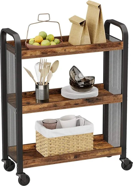 serveerwagen, ruimtebesparende keukentrolley met universele wielen, keukenplank met verstelbare poten, stabiel metalen frame, 66 x 26 x 85 cm, industrieel design, vintage, donkerbruin LRC66BX