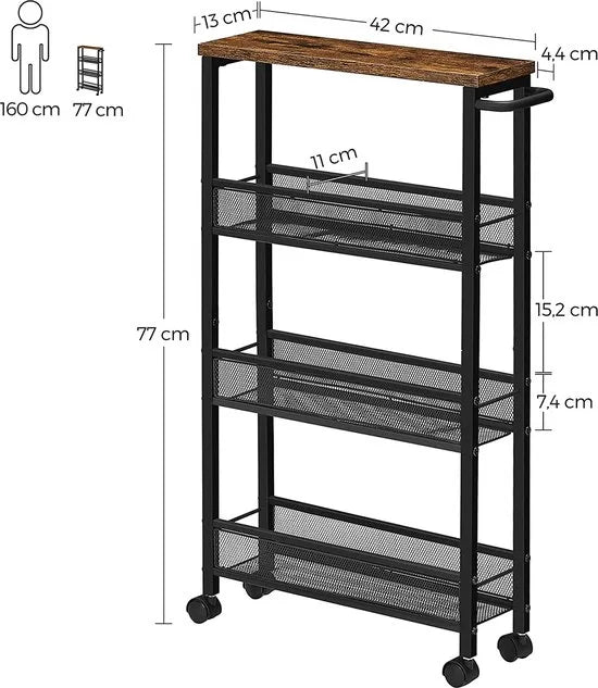 serveerwagen, verrijdbaar keukenrek, smal, keukenwagen, verrijdbare trolley, 360° zwenkwielen, metalen frame, voor keuken, woonkamer, kantoor aan huis, vintage bruin-zwart LRC032B01