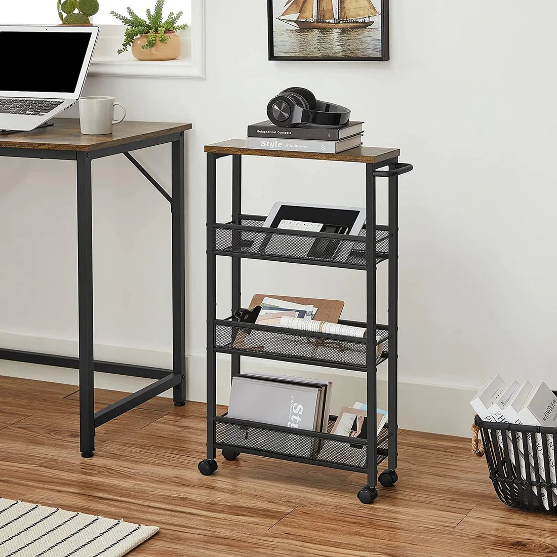 serveerwagen, verrijdbaar keukenrek, smal, keukenwagen, verrijdbare trolley, 360° zwenkwielen, metalen frame, voor keuken, woonkamer, kantoor aan huis, vintage bruin-zwart LRC032B01