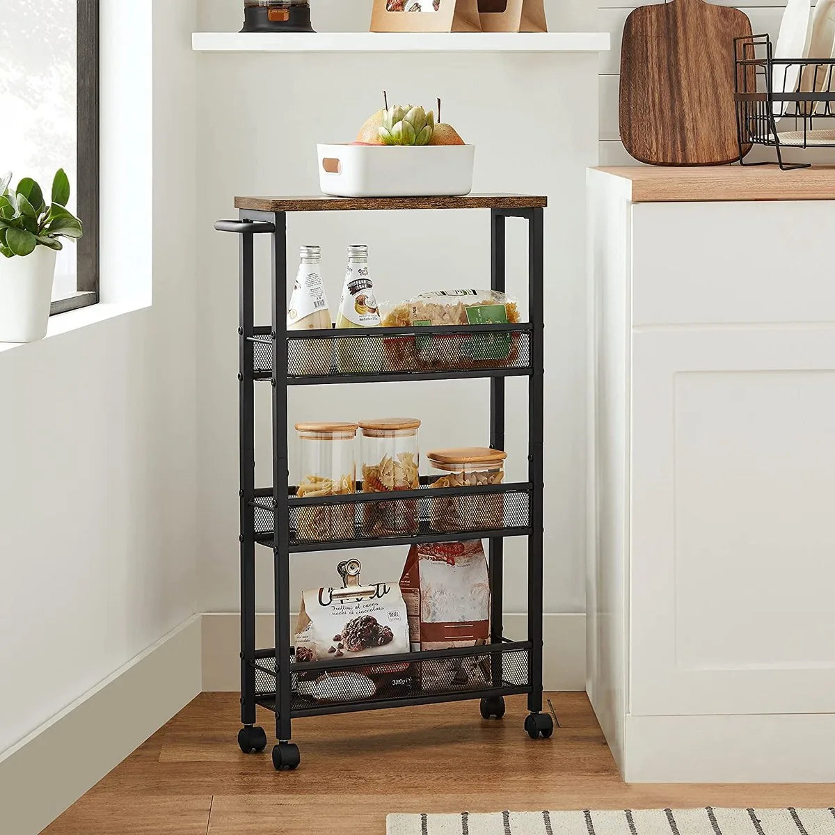 serveerwagen, verrijdbaar keukenrek, smal, keukenwagen, verrijdbare trolley, 360° zwenkwielen, metalen frame, voor keuken, woonkamer, kantoor aan huis, vintage bruin-zwart LRC032B01