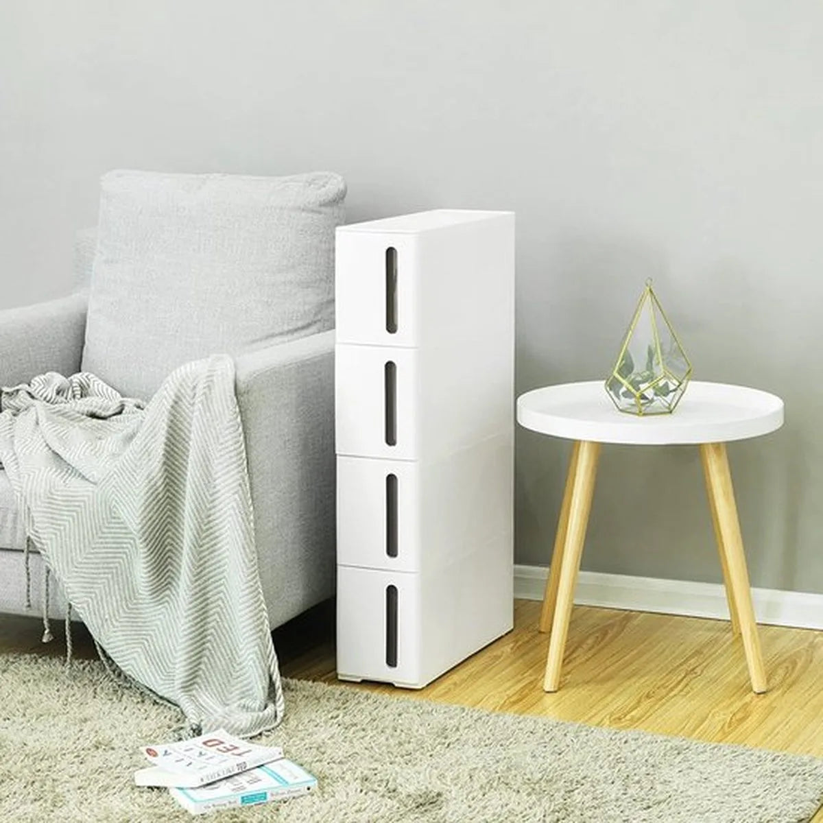 Smalle Opbergkast - 2 Korven en 2 Open Vakken - 17 cm breed - 106,5 cm hoog - Wit