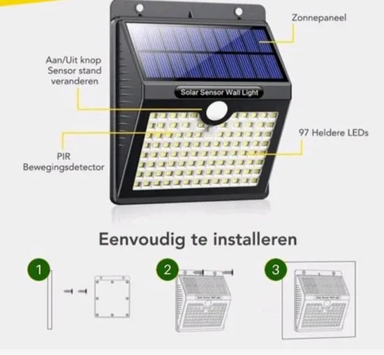 Solar Buitenlamp met Bewegingssensor - Buitenlamp - Wandlamp - 97 LED’s – Zonne-energie - Bewegingssensor - Solar Lamp - Tuinlamp - 2 Stuks