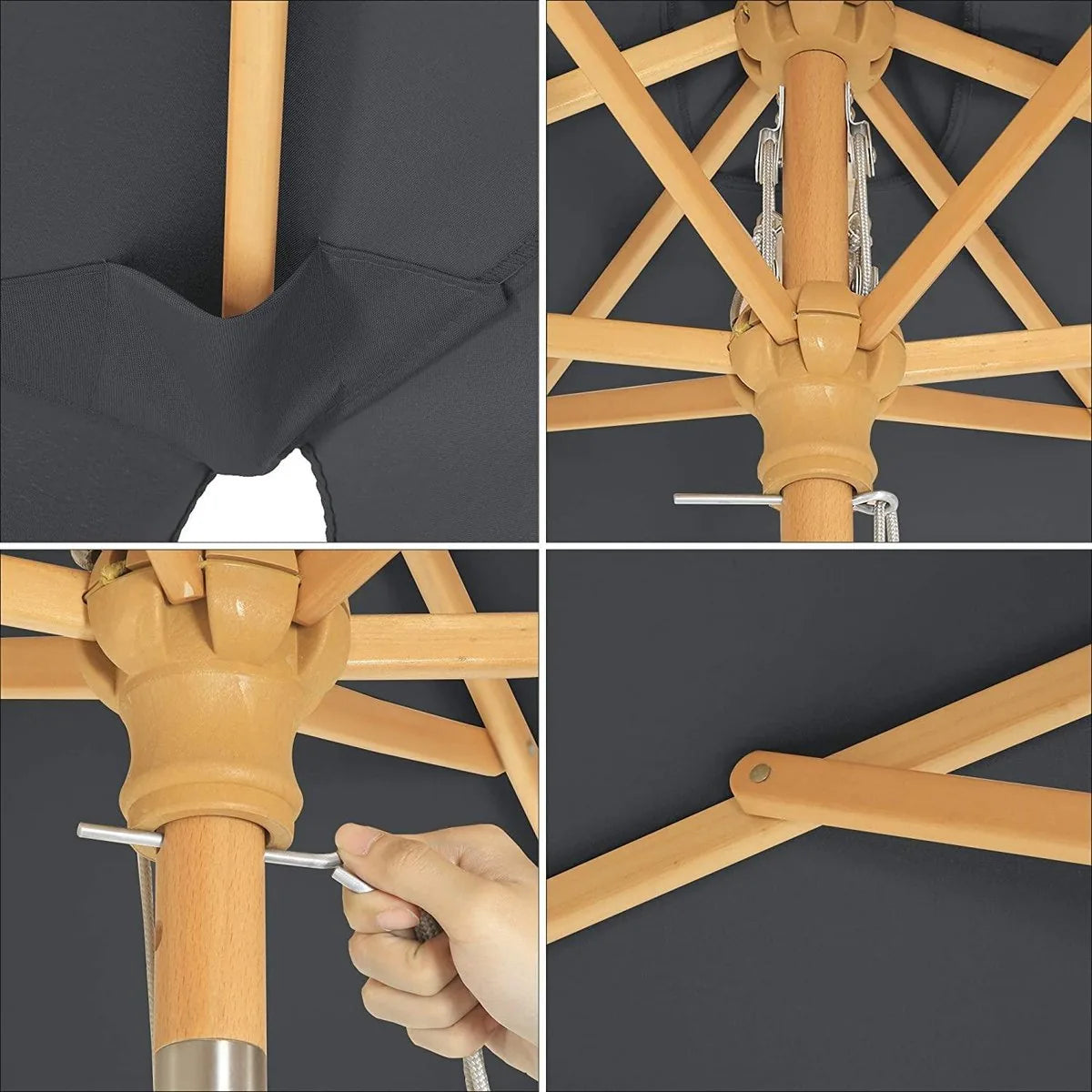 SONGMICS Balkonparasol, 200 x 125 cm, rechthoekige balkonparasol, bescherming tegen de zon tot UPF 50+, parasolstok, houten parasol baleinen, buigbaar, zonder standaard, tuin, buiten, grijs GPU26GY
