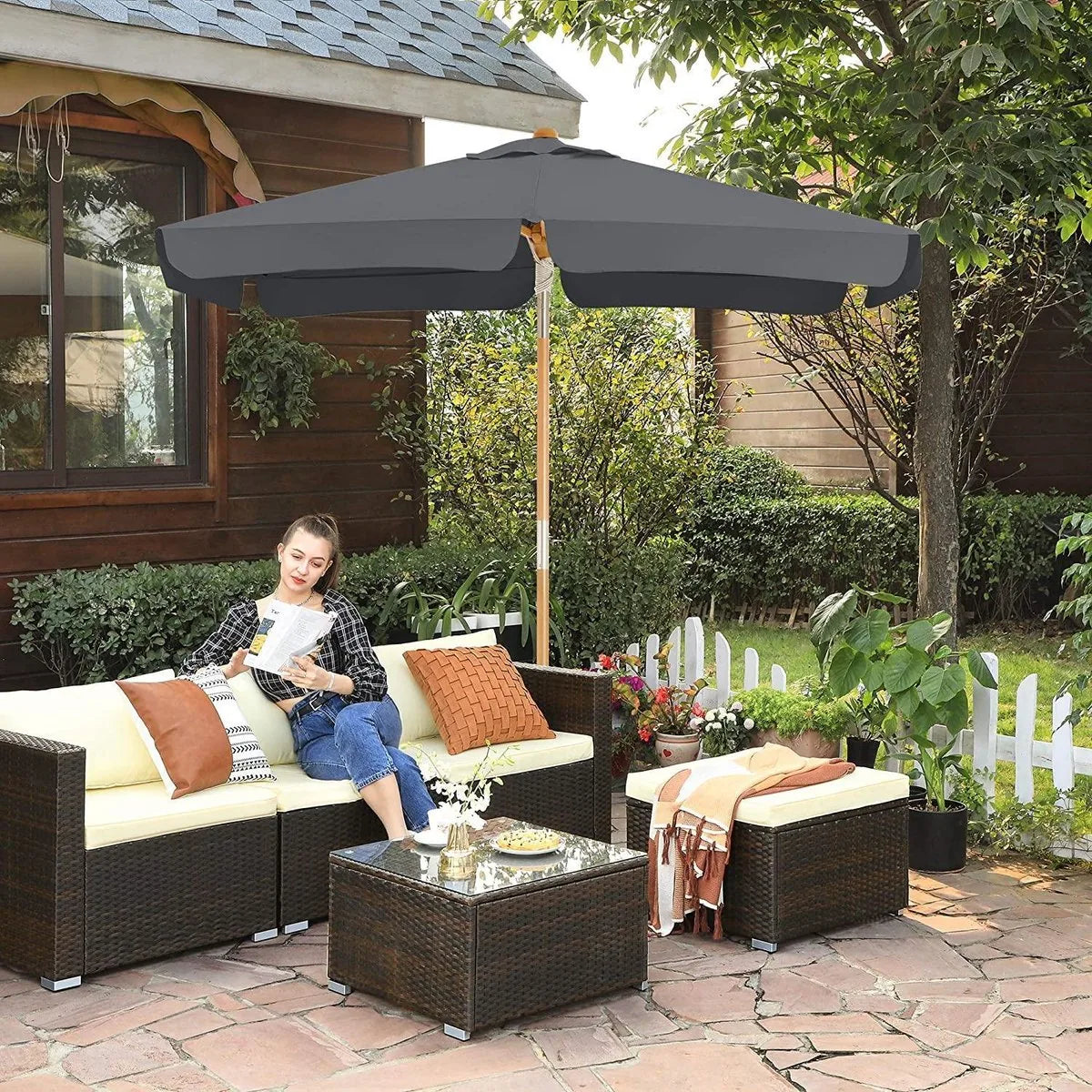 SONGMICS Balkonparasol, 200 x 125 cm, rechthoekige balkonparasol, bescherming tegen de zon tot UPF 50+, parasolstok, houten parasol baleinen, buigbaar, zonder standaard, tuin, buiten, grijs GPU26GY