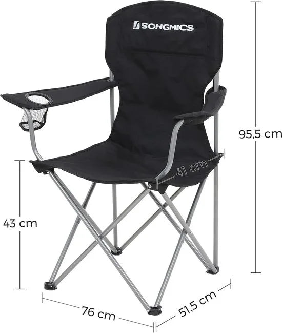 SONGMICS Campingstoel, set van 2, inklapbaar, comfortabel, klapstoel met robuust frame, belastbaar tot 150 kg, met flessenhouder, outdoor stoel, zwart GCB08BK, XL