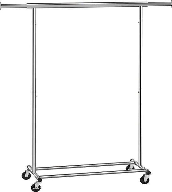 SONGMICS heavy duty kledingrek, kapstok op wielen, belastbaar tot 90 kg, met uittrekbare kledingroede, opklapbaar onderstuk, plank voor dozen, zilver HSR13S
