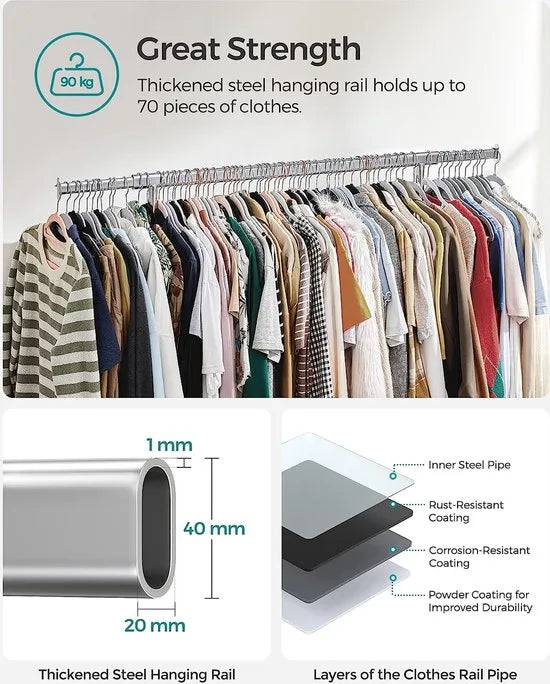 SONGMICS heavy duty kledingrek, kapstok op wielen, belastbaar tot 90 kg, met uittrekbare kledingroede, opklapbaar onderstuk, plank voor dozen, zilver HSR13S