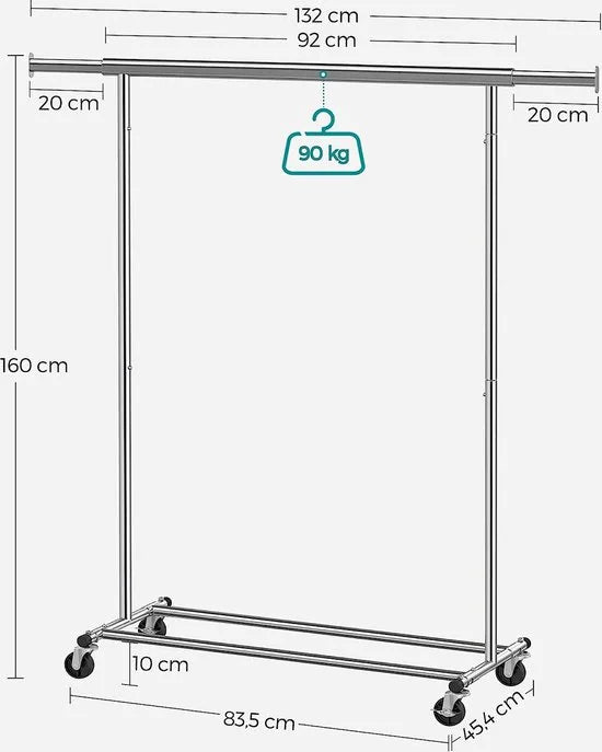SONGMICS heavy duty kledingrek, kapstok op wielen, belastbaar tot 90 kg, met uittrekbare kledingroede, opklapbaar onderstuk, plank voor dozen, zilver HSR13S
