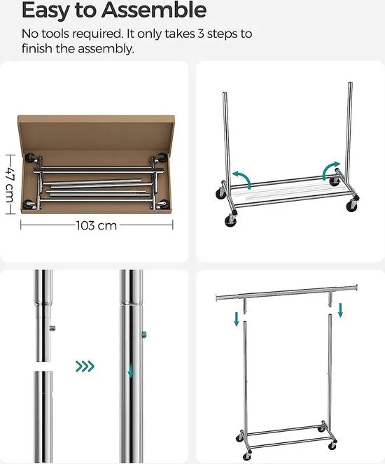 SONGMICS heavy duty kledingrek, kapstok op wielen, belastbaar tot 90 kg, met uittrekbare kledingroede, opklapbaar onderstuk, plank voor dozen, zilver HSR13S
