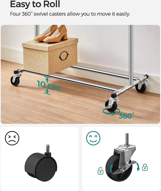 SONGMICS heavy duty kledingrek, kapstok op wielen, belastbaar tot 90 kg, met uittrekbare kledingroede, opklapbaar onderstuk, plank voor dozen, zilver HSR13S
