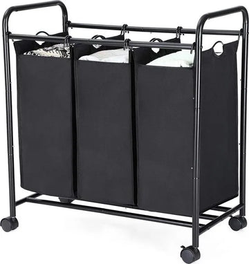 SONGMICS Home Wasmand met 3 afneembare stoffen zakken, stevige wasserette , 3 x 44 liter, zwart LSF003B