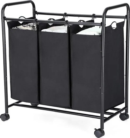 SONGMICS Home Wasmand met 3 afneembare stoffen zakken, stevige wasserette , 3 x 44 liter, zwart LSF003B