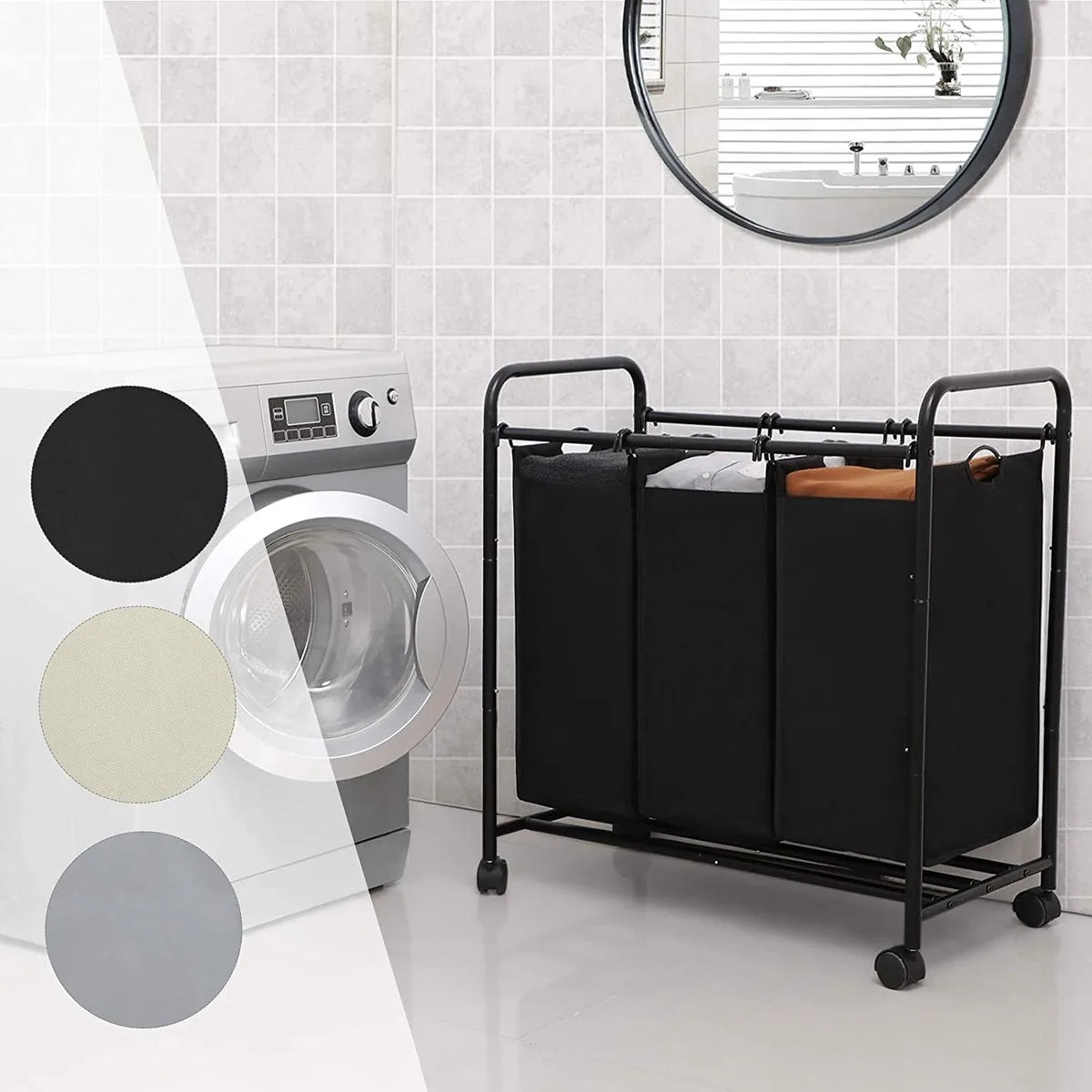 SONGMICS Home Wasmand met 3 afneembare stoffen zakken, stevige wasserette , 3 x 44 liter, zwart LSF003B