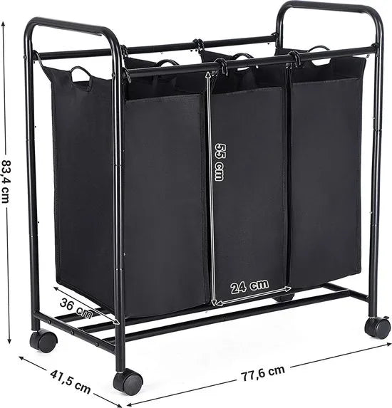 SONGMICS Home Wasmand met 3 afneembare stoffen zakken, stevige wasserette , 3 x 44 liter, zwart LSF003B