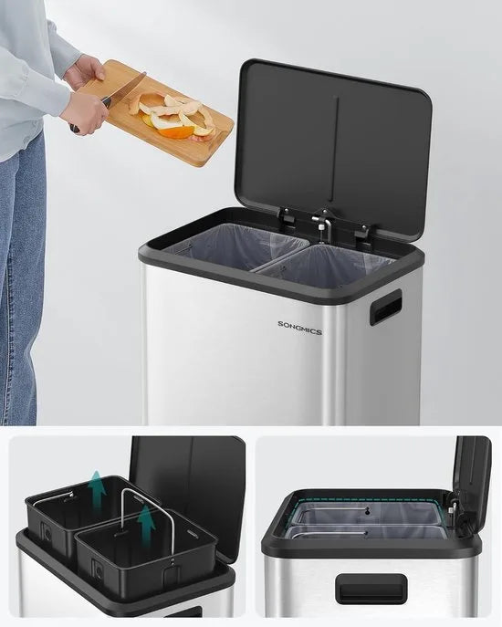 SONGMICS - Keukenafvalbak - pedaalemmer 2 x 15 Liter - 2 compartimenten - met binnenemmer, softclose - Metallic Zilver