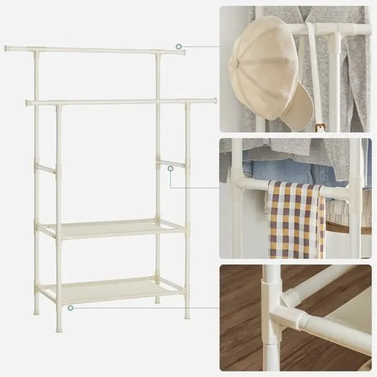 SONGMICS kledingstandaard met 2 kledingroedes en 2 planken| Kapstok van metaal, belastbaar tot 80 kg, eenvoudige montage, wit RDR02WT