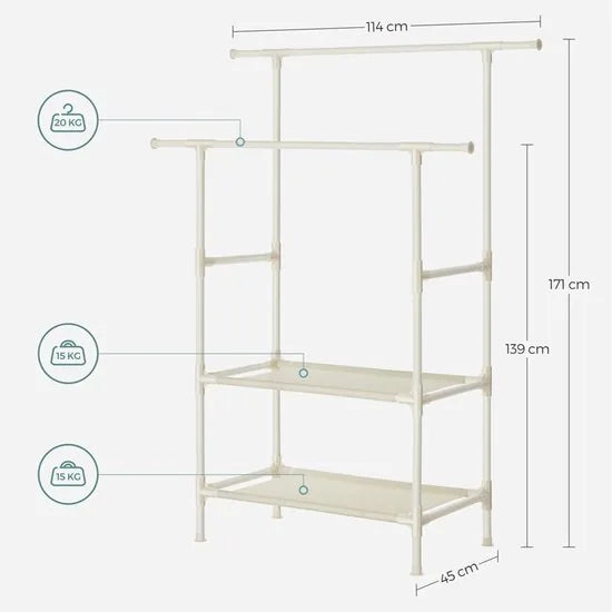 SONGMICS kledingstandaard met 2 kledingroedes en 2 planken| Kapstok van metaal, belastbaar tot 80 kg, eenvoudige montage, wit RDR02WT