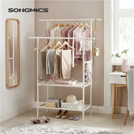 SONGMICS kledingstandaard met 2 kledingroedes en 2 planken| Kapstok van metaal, belastbaar tot 80 kg, eenvoudige montage, wit RDR02WT