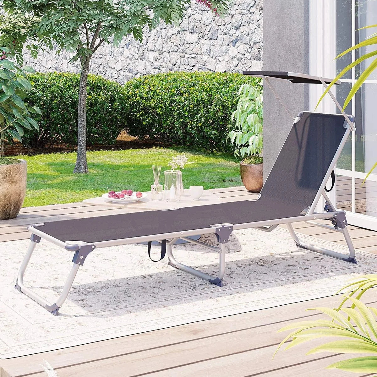 SONGMICS - Ligstoel - Tuinligstoel met zonnedak - Verstelbare rugleuning - Opvouwbaar - Lichtgewicht - Draagvermogen 150 kg - Voor tuin, balkon, terras - Antraciet