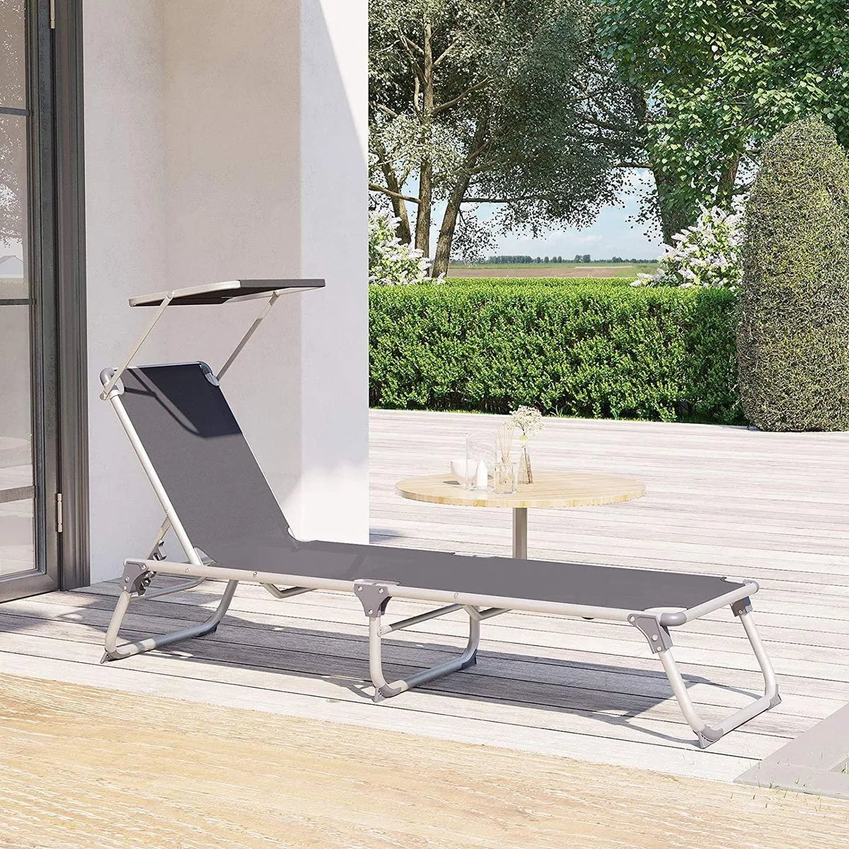 SONGMICS - Ligstoel - Tuinligstoel met zonnedak - Verstelbare rugleuning - Opvouwbaar - Lichtgewicht - Draagvermogen 150 kg - Voor tuin, balkon, terras - Antraciet