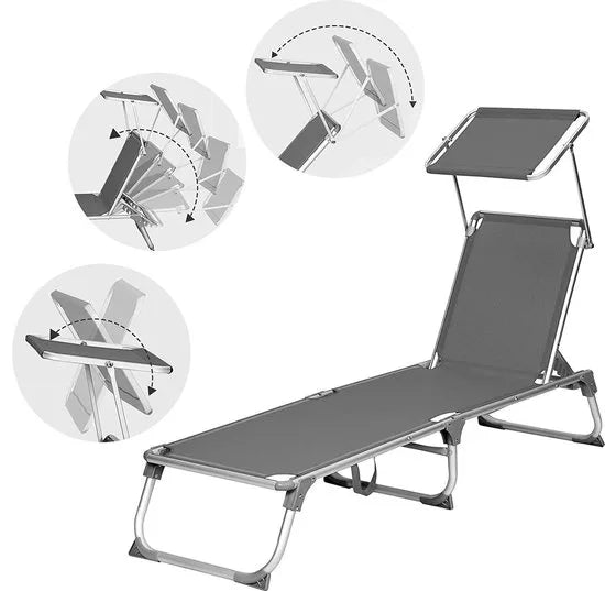 SONGMICS - Ligstoel - Tuinligstoel met zonnedak - Verstelbare rugleuning - Opvouwbaar - Lichtgewicht - Draagvermogen 150 kg - Voor tuin, balkon, terras - Antraciet