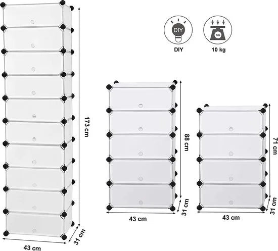 Songmics LPC10W Schoenenrek, DIY, 10 niveaus, van PP-kunststof, halftransparant wit
