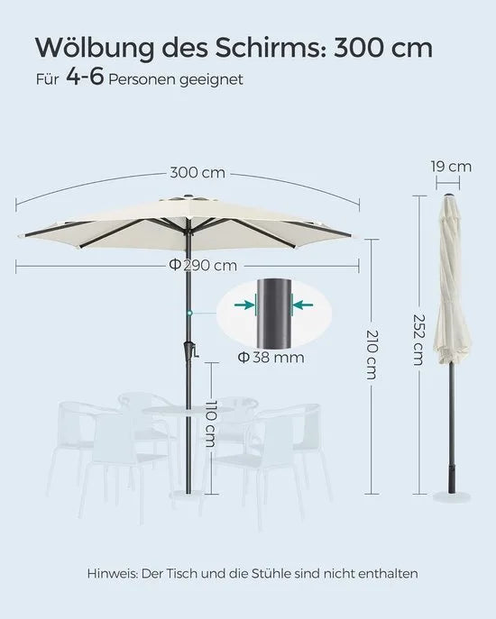 SONGMICS Parasol Tuinparasol, Marketplace parasol, UV-bescherming tot UPF 50+, 300 cm terrasparaplu, zonwering, buigbaar, met slinger, zonder standaard, voor tuin, balkon, terras