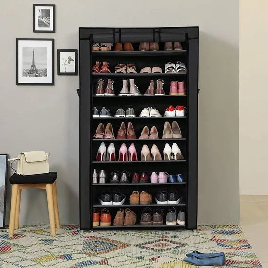 SONGMICS schoenenrek met 10 niveaus, met stofdichte hoes, schoenenkast, schoenenrek, schoenenopberger, voor maximaal 40 paar schoenen, voor woonkamer, gang, 88 x 28 x 160 cm, zwart RXJ36HV1