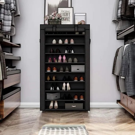 SONGMICS schoenenrek met 10 niveaus, met stofdichte hoes, schoenenkast, schoenenrek, schoenenopberger, voor maximaal 40 paar schoenen, voor woonkamer, gang, 88 x 28 x 160 cm, zwart RXJ36HV1