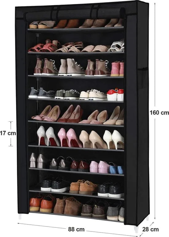 SONGMICS schoenenrek met 10 niveaus, met stofdichte hoes, schoenenkast, schoenenrek, schoenenopberger, voor maximaal 40 paar schoenen, voor woonkamer, gang, 88 x 28 x 160 cm, zwart RXJ36HV1