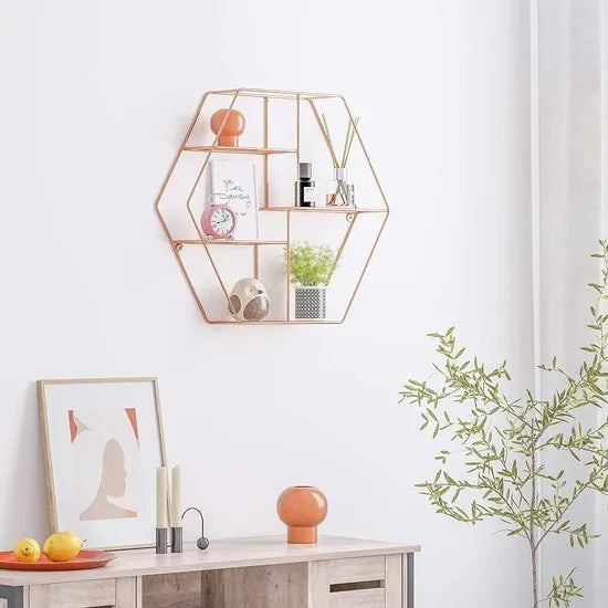 SONGMICS wandrek van metaal, rond zwevend rek met 3 rasterplanken, met 2 schroeven, 55 x 12 cm (Ø x B), voor woonkamer en hal, industriële vormgeving, rosé goud