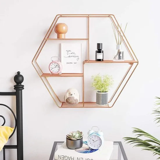 SONGMICS wandrek van metaal, rond zwevend rek met 3 rasterplanken, met 2 schroeven, 55 x 12 cm (Ø x B), voor woonkamer en hal, industriële vormgeving, rosé goud
