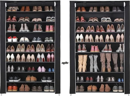Songmics XXXL Schoenenkast met 10 Niveaus – Schoenenrek voor 54 Paar Schoenen – Afsluitbare Schoenenrek – Zeer Stevig met Deurgordijn – Ruimtebesparende Schoenenbank – Schoenenopberger – Stoffen Schoenenrek – 100x162x28cm – Zwart