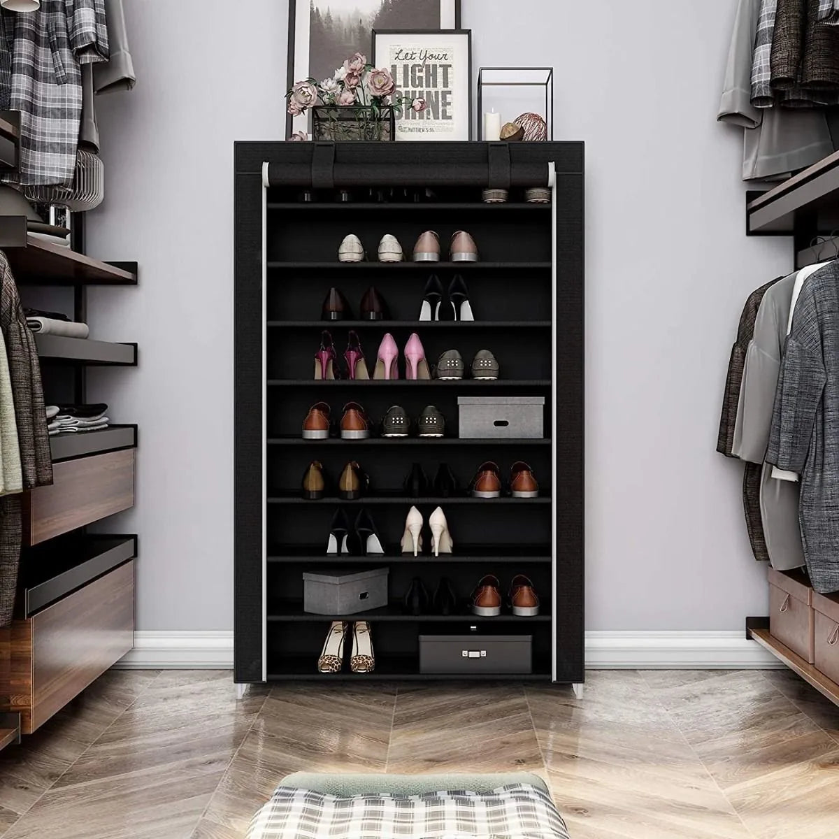 Songmics XXXL Schoenenkast met 10 Niveaus – Schoenenrek voor 54 Paar Schoenen – Afsluitbare Schoenenrek – Zeer Stevig met Deurgordijn – Ruimtebesparende Schoenenbank – Schoenenopberger – Stoffen Schoenenrek – 100x162x28cm – Zwart