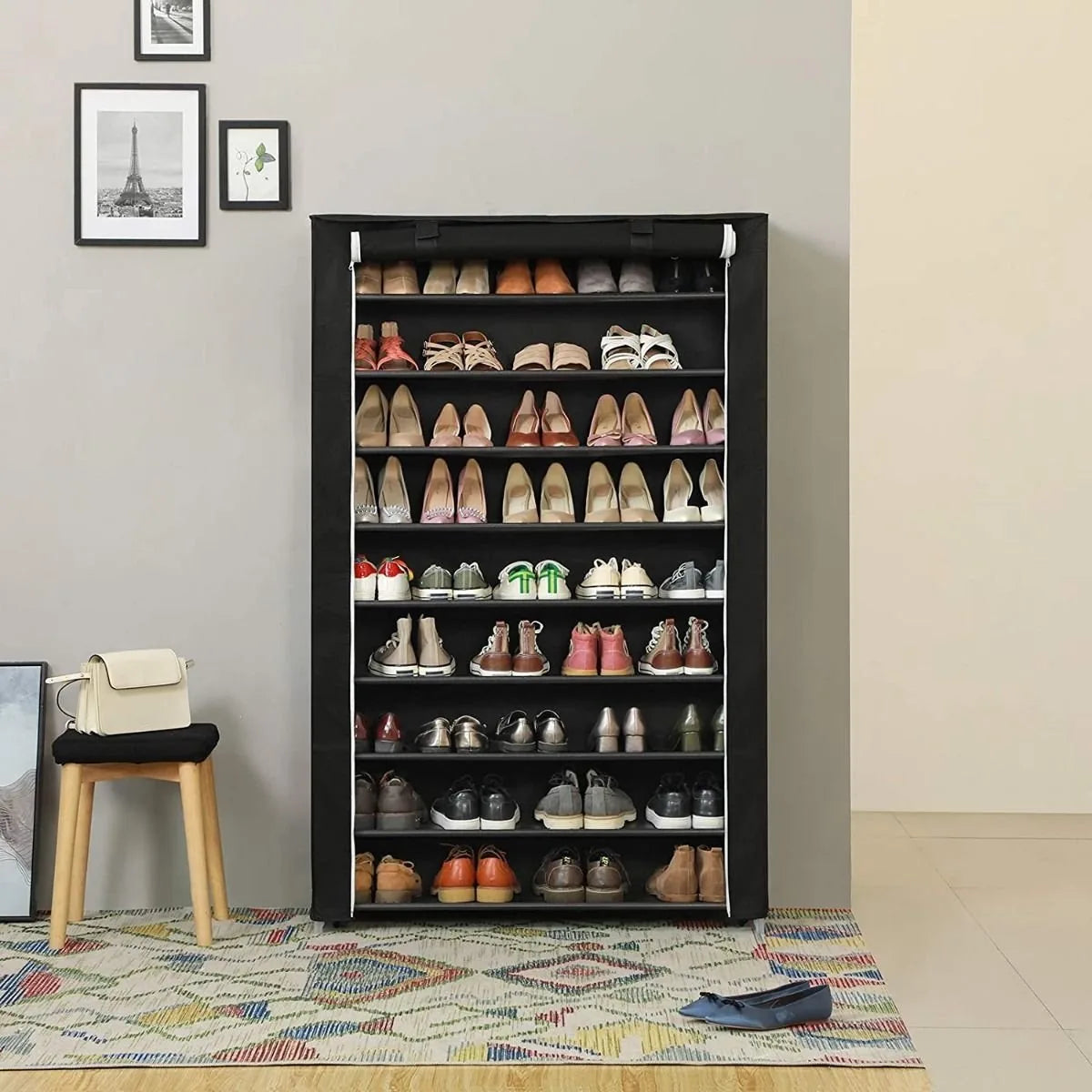 Songmics XXXL Schoenenkast met 10 Niveaus – Schoenenrek voor 54 Paar Schoenen – Afsluitbare Schoenenrek – Zeer Stevig met Deurgordijn – Ruimtebesparende Schoenenbank – Schoenenopberger – Stoffen Schoenenrek – 100x162x28cm – Zwart