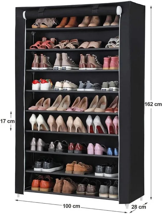 Songmics XXXL Schoenenkast met 10 Niveaus – Schoenenrek voor 54 Paar Schoenen – Afsluitbare Schoenenrek – Zeer Stevig met Deurgordijn – Ruimtebesparende Schoenenbank – Schoenenopberger – Stoffen Schoenenrek – 100x162x28cm – Zwart