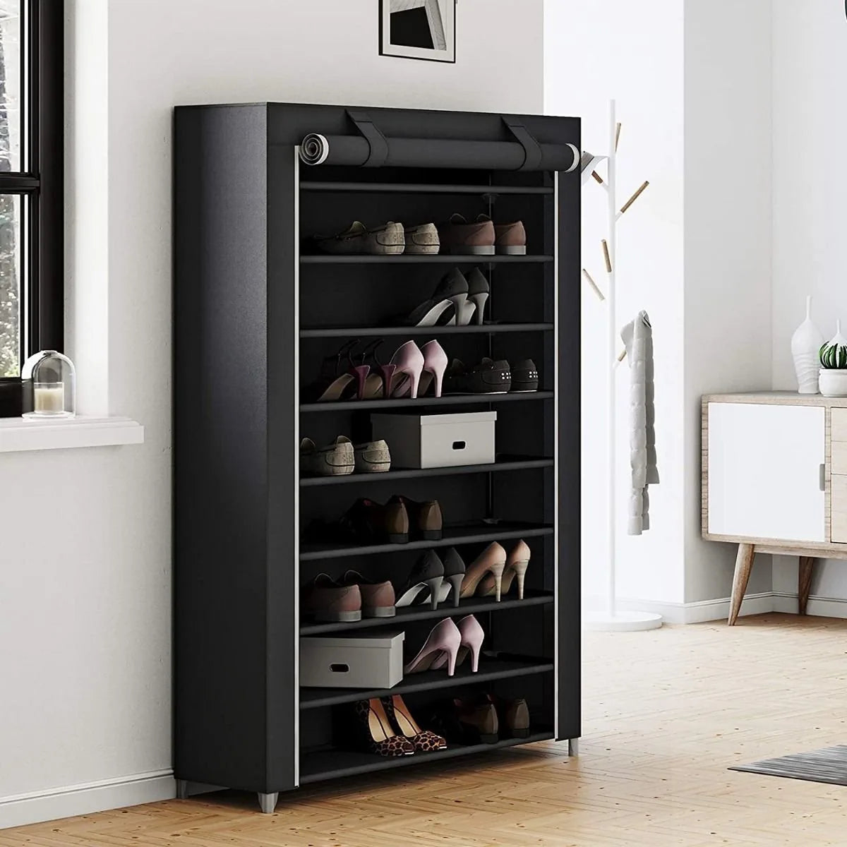 Songmics XXXL Schoenenkast met 10 Niveaus – Schoenenrek voor 54 Paar Schoenen – Afsluitbare Schoenenrek – Zeer Stevig met Deurgordijn – Ruimtebesparende Schoenenbank – Schoenenopberger – Stoffen Schoenenrek – 100x162x28cm – Zwart
