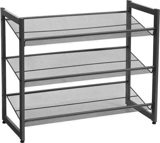 Stapelbaar schoenenrek - 3 laags schoenenorganizer - Metalen schoenenplank met verstelbare platte of schuine planken - Beschermrails - 30.5 x 74 x 61.5 cm - Biedt plaats aan 9 - 12 paar - Zwart