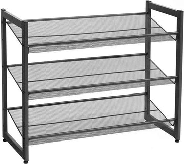 Stapelbaar schoenenrek - 3 laags schoenenorganizer - Metalen schoenenplank met verstelbare platte of schuine planken - Beschermrails - 30.5 x 74 x 61.5 cm - Biedt plaats aan 9 - 12 paar - Zwart