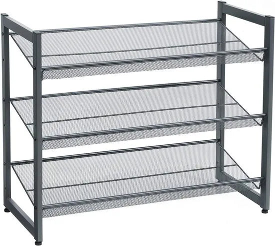 Stapelbaar schoenenrek - 3 laags schoenenorganizer - Metalen schoenenplank met verstelbare platte of schuine planken - Beschermrails - 30.5 x 74 x 61.5 cm - Biedt plaats aan 9 - 12 paar - Grijs