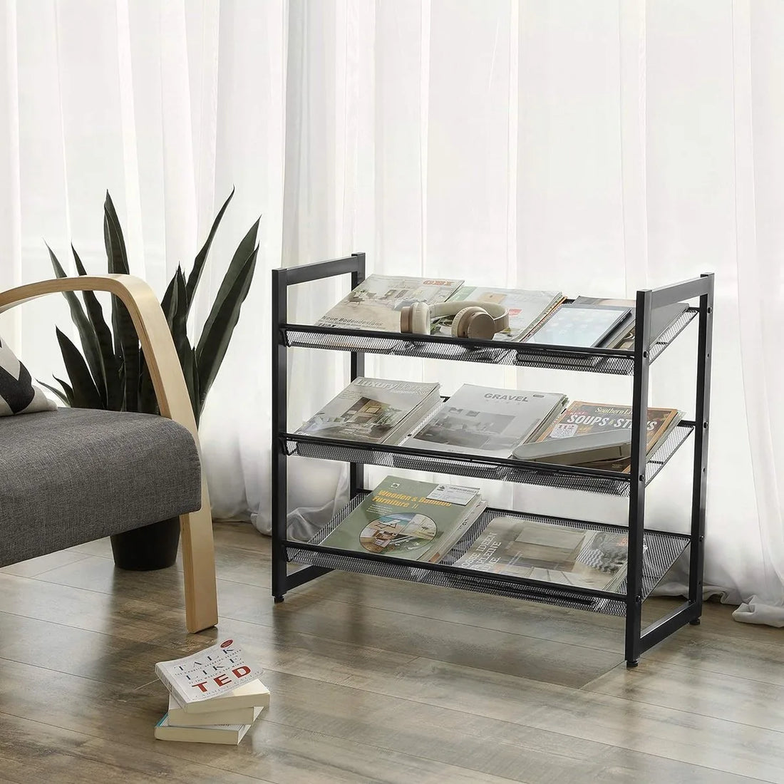 Stapelbaar schoenenrek - 3 laags schoenenorganizer - Metalen schoenenplank met verstelbare platte of schuine planken - Beschermrails - 30.5 x 74 x 61.5 cm - Biedt plaats aan 9 - 12 paar - Zwart