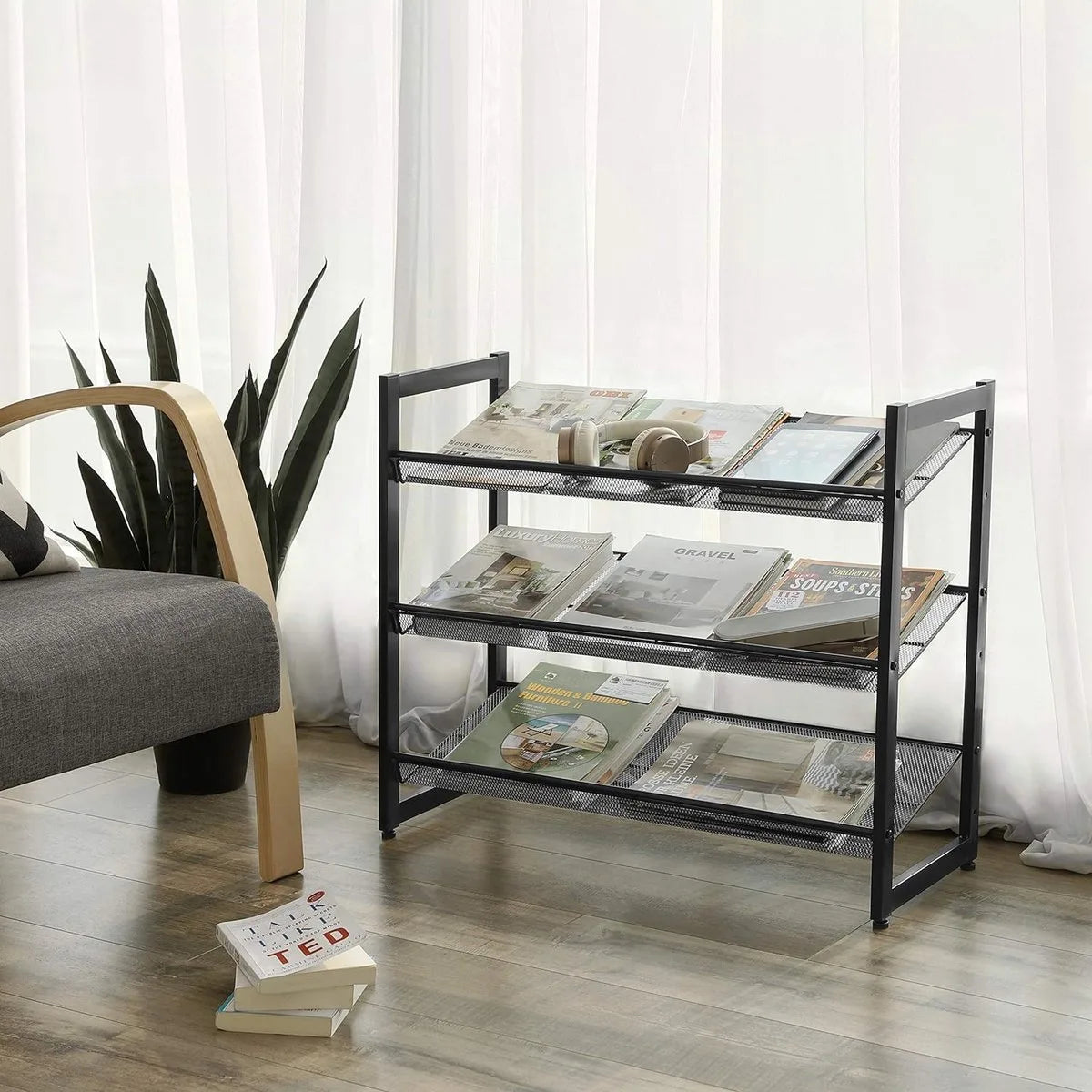 Stapelbaar schoenenrek - 3 laags schoenenorganizer - Metalen schoenenplank met verstelbare platte of schuine planken - Beschermrails - 30.5 x 74 x 61.5 cm - Biedt plaats aan 9 - 12 paar - Zwart