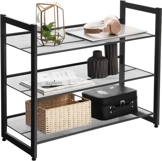 Stapelbaar schoenenrek - 3 laags schoenenorganizer - Metalen schoenenplank met verstelbare platte of schuine planken - Beschermrails - 30.5 x 74 x 61.5 cm - Biedt plaats aan 9 - 12 paar - Zwart
