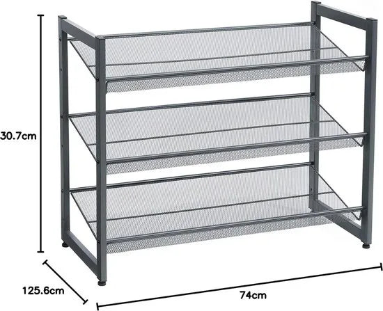 Stapelbaar schoenenrek - 3 laags schoenenorganizer - Metalen schoenenplank met verstelbare platte of schuine planken - Beschermrails - 30.5 x 74 x 61.5 cm - Biedt plaats aan 9 - 12 paar - Grijs