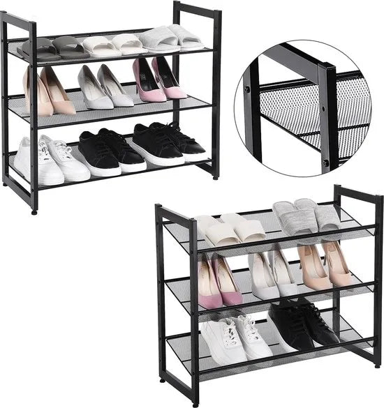 Stapelbaar schoenenrek - 3 laags schoenenorganizer - Metalen schoenenplank met verstelbare platte of schuine planken - Beschermrails - 30.5 x 74 x 61.5 cm - Biedt plaats aan 9 - 12 paar - Zwart