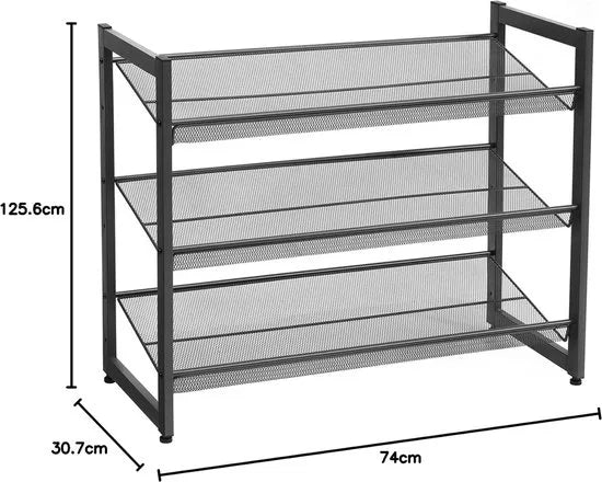 Stapelbaar schoenenrek - 3 laags schoenenorganizer - Metalen schoenenplank met verstelbare platte of schuine planken - Beschermrails - 30.5 x 74 x 61.5 cm - Biedt plaats aan 9 - 12 paar - Zwart