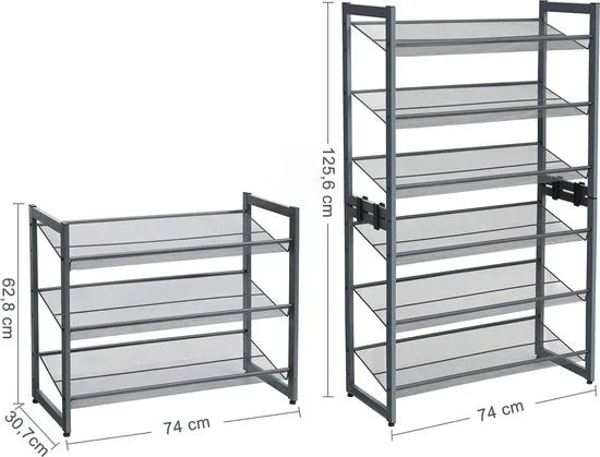 Stapelbaar schoenenrek - 3 laags schoenenorganizer - Metalen schoenenplank met verstelbare platte of schuine planken - Beschermrails - 30.5 x 74 x 61.5 cm - Biedt plaats aan 9 - 12 paar - Grijs