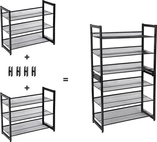 Stapelbaar schoenenrek - 3 laags schoenenorganizer - Metalen schoenenplank met verstelbare platte of schuine planken - Beschermrails - 30.5 x 74 x 61.5 cm - Biedt plaats aan 9 - 12 paar - Zwart