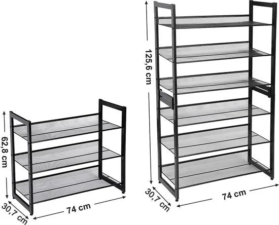 Stapelbaar schoenenrek - 3 laags schoenenorganizer - Metalen schoenenplank met verstelbare platte of schuine planken - Beschermrails - 30.5 x 74 x 61.5 cm - Biedt plaats aan 9 - 12 paar - Zwart